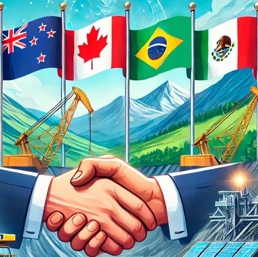 Ilustración de una alianza minera global entre Nueva Zelandia, Canadá y Latinoamérica, con equipos de minería, tres manos entrelazadas simbolizando colaboración y las banderas de Nueva Zelandia, Canadá, México, Brasil, Perú y Chile, en un entorno de minería sostenible con montañas y vegetación.